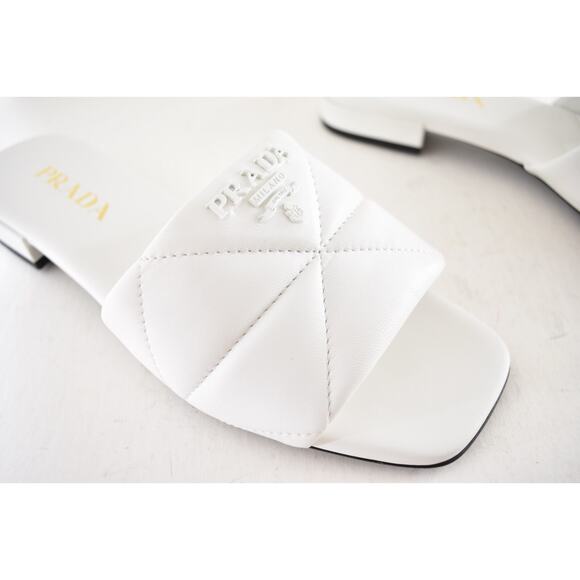 Prada White 55mm Quilted Nappa Leather Logo Slide Sandal Flat Sabots Mule 39 - Picture 5 of 16